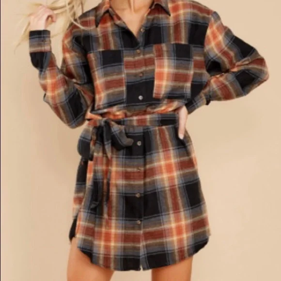 #56- Plaid Shirt Mini Dress - Picture 1 of 5
